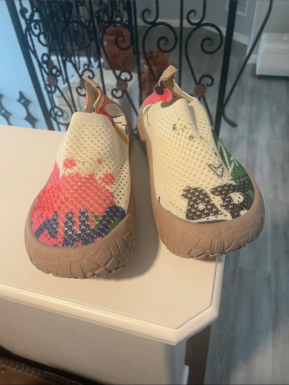 Women's Slip-On Knit Sneakers in Cream with Multicolor Floral Print - Picture 7 of 8
